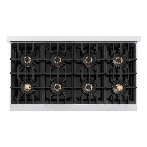 ZLINE Autograph Edition 48 in. 6.7 cu. ft. Classic Gas Range with 8 Burner DuoPro™ Cooktop and Dual Ovens in Satin Stainless Steel with White Matte Doors and Champagne Bronze Accents (PCGRSZ-WM-48-CB)