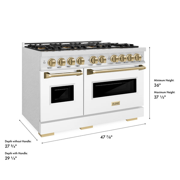 ZLINE Autograph Edition 48 in. 6.7 cu. ft. Classic Gas Range with 8 Burner DuoPro™ Cooktop and Dual Ovens in Satin Stainless Steel with White Matte Doors and Champagne Bronze Accents (PCGRSZ-WM-48-CB)