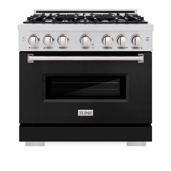 ZLINE 36 in. 5.2 cu. ft. Classic Dual Fuel Range with 6 Burner Gas Cooktop and Electric Convection Oven in Stainless Steel with Black Matte Door (CDR-BLM-36)