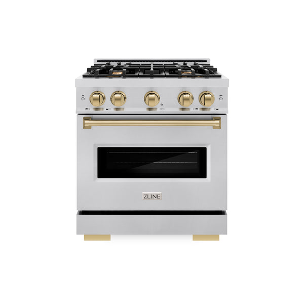 ZLINE Autograph Edition 30 in. 4.2 cu. ft. Classic Dual Fuel Range with 4 Burner Gas Cooktop and Electric Convection Oven in Stainless Steel with Champagne Bronze Accents (CDRZ-30-CB)