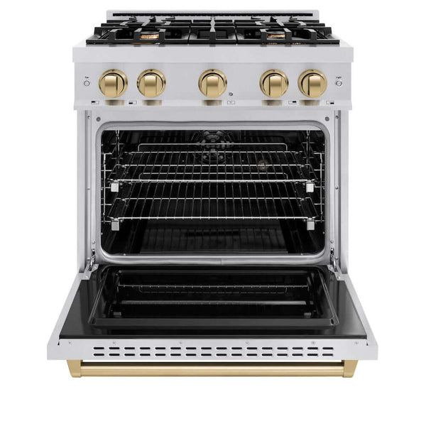 ZLINE Autograph Edition 30 in. 4.2 cu. ft. Classic Dual Fuel Range with 4 Burner Gas Cooktop and Electric Convection Oven in Stainless Steel with Champagne Bronze Accents, Open Box-Good Condition