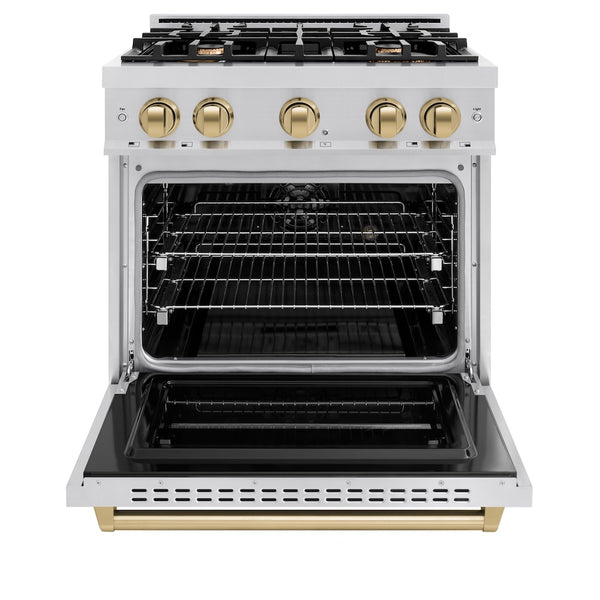 ZLINE Autograph Edition 30 in. 4.2 cu. ft. Classic Dual Fuel Range with 4 Burner Gas Cooktop and Electric Convection Oven in Stainless Steel with Champagne Bronze Accents, Open Box-Great Condition