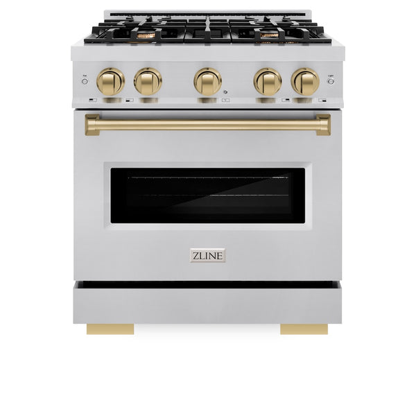 ZLINE Autograph Edition 30 in. 4.2 cu. ft. Classic Dual Fuel Range with 4 Burner Gas Cooktop and Electric Convection Oven in Stainless Steel with Champagne Bronze Accents, Open Box-Great Condition