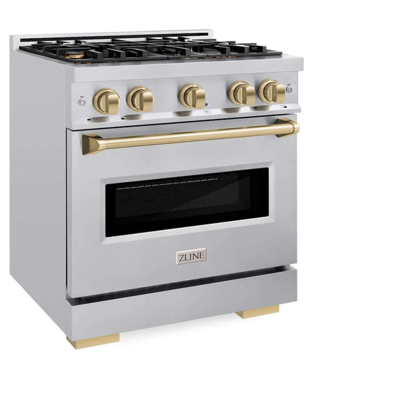 ZLINE Autograph Edition 30 in. 4.2 cu. ft. Classic Dual Fuel Range with 4 Burner Gas Cooktop and Electric Convection Oven in Stainless Steel with Champagne Bronze Accents, Open Box-Good Condition