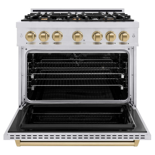 ZLINE Autograph Edition 36 in. 5.2 cu. ft. Classic Dual Fuel Range with 6 Burner Gas Cooktop and Electric Convection Oven in Stainless Steel with Champagne Bronze Accents, Open Box-Good Condition