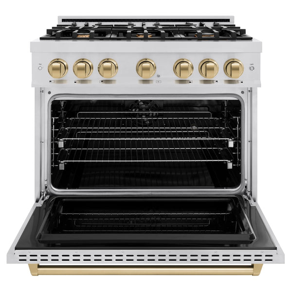 ZLINE Autograph Edition 36 in. 5.2 cu. ft. Classic Dual Fuel Range with 6 Burner Gas Cooktop and Electric Convection Oven in Stainless Steel with Champagne Bronze Accents, Open Box-Great Condition