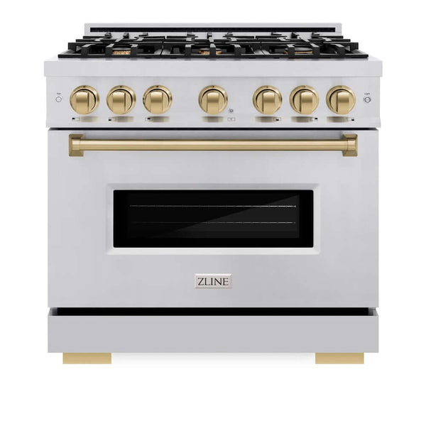 ZLINE Autograph Edition 36 in. 5.2 cu. ft. Classic Dual Fuel Range with 6 Burner Gas Cooktop and Electric Convection Oven in Stainless Steel with Champagne Bronze Accents, Open Box-Good Condition