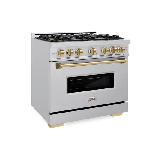 ZLINE Autograph Edition 36 in. 5.2 cu. ft. Classic Dual Fuel Range with 6 Burner Gas Cooktop and Electric Convection Oven in Stainless Steel with Champagne Bronze Accents, Open Box-Great Condition