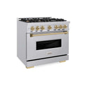 ZLINE Autograph Edition 36 in. 5.2 cu. ft. Classic Dual Fuel Range with 6 Burner Gas Cooktop and Electric Convection Oven in Stainless Steel with Champagne Bronze Accents, Open Box-Good Condition