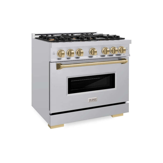 ZLINE Autograph Edition 36 in. 5.2 cu. ft. Classic Dual Fuel Range with 6 Burner Gas Cooktop and Electric Convection Oven in Stainless Steel with Champagne Bronze Accents, Open Box-Good Condition