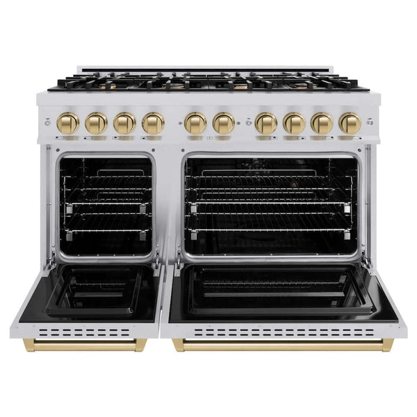 ZLINE Autograph Edition 48 in. 6.7 cu. ft. Classic Double Oven Dual Fuel Range with 8 Burner Gas Cooktop in Stainless Steel and Champagne Bronze Accents, Open Box-Good Condition