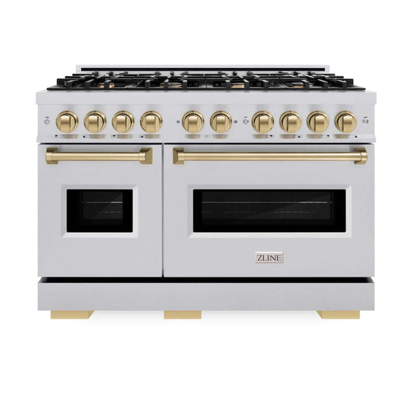 ZLINE Autograph Edition 48 in. 6.7 cu. ft. Classic Double Oven Dual Fuel Range with 8 Burner Gas Cooktop in Stainless Steel and Champagne Bronze Accents, Open Box-Good Condition