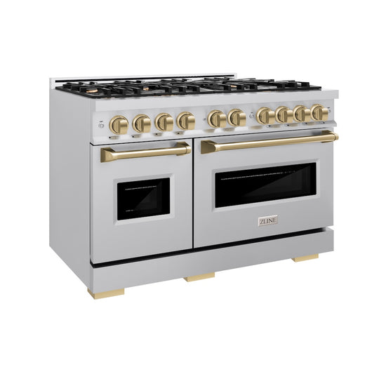 ZLINE Autograph Edition 48 in. 6.7 cu. ft. Classic Double Oven Dual Fuel Range with 8 Burner Gas Cooktop in Stainless Steel and Champagne Bronze Accents, Open Box-Great Condition
