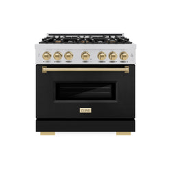 ZLINE Autograph Edition 36 in. 5.2 cu. ft. Classic Dual Fuel Range with 6 Burner Gas Cooktop and Electric Convection Oven in Stainless Steel with Black Matte Door and Champagne Bronze Accents (CDRZ-BLM-36-CB)