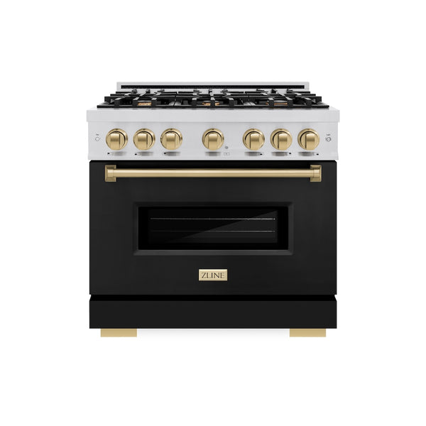 ZLINE Autograph Edition 36 in. 5.2 cu. ft. Classic Dual Fuel Range with 6 Burner Gas Cooktop and Electric Convection Oven in Stainless Steel with Black Matte Door and Champagne Bronze Accents, Open Box-Great Condition
