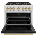 ZLINE Autograph Edition 36 in. 5.2 cu. ft. Classic Dual Fuel Range with 6 Burner Gas Cooktop and Electric Convection Oven in Stainless Steel with Black Matte Door and Champagne Bronze Accents, Open Box-Great Condition