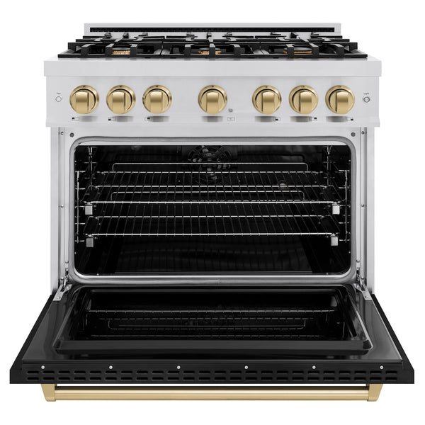 ZLINE Autograph Edition 36 in. 5.2 cu. ft. Classic Dual Fuel Range with 6 Burner Gas Cooktop and Electric Convection Oven in Stainless Steel with Black Matte Door and Champagne Bronze Accents, Open Box-Great Condition