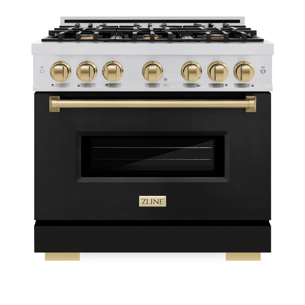 ZLINE Autograph Edition 36 in. 5.2 cu. ft. Classic Dual Fuel Range with 6 Burner Gas Cooktop and Electric Convection Oven in Stainless Steel with Black Matte Door and Champagne Bronze Accents, Open Box-Great Condition