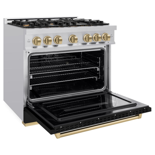 ZLINE Autograph Edition 36 in. 5.2 cu. ft. Classic Dual Fuel Range with 6 Burner Gas Cooktop and Electric Convection Oven in Stainless Steel with Black Matte Door and Champagne Bronze Accents, Open Box-Great Condition