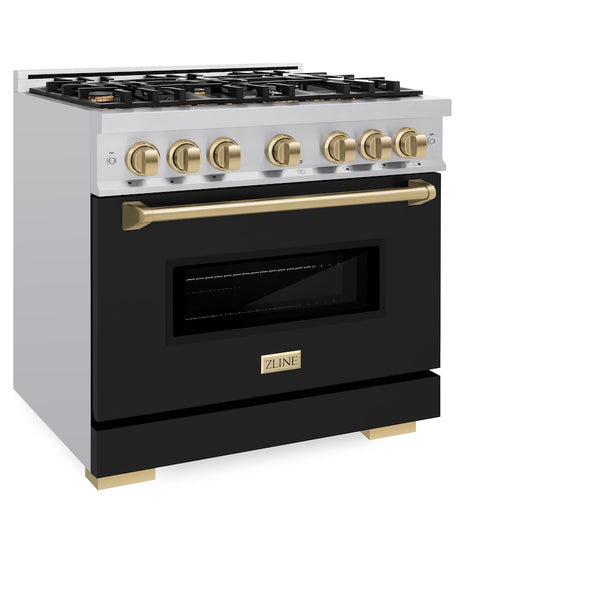 ZLINE Autograph Edition 36 in. 5.2 cu. ft. Classic Dual Fuel Range with 6 Burner Gas Cooktop and Electric Convection Oven in Stainless Steel with Black Matte Door and Champagne Bronze Accents, Open Box-Great Condition