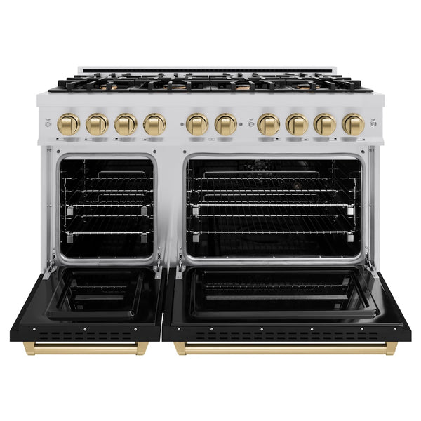 ZLINE Autograph Edition 48 in. 6.7 cu. ft. Classic Double Oven Dual Fuel Range with 8 Burner Gas Cooktop in Stainless Steel with Black Matte Doors and Champagne Bronze Accents, Open Box-Great Condition