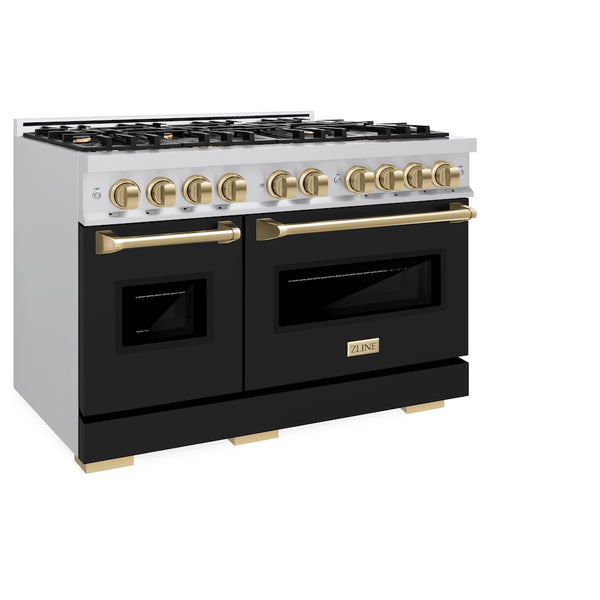 ZLINE Autograph Edition 48 in. 6.7 cu. ft. Classic Double Oven Dual Fuel Range with 8 Burner Gas Cooktop in Stainless Steel with Black Matte Doors and Champagne Bronze Accents, Open Box-Great Condition