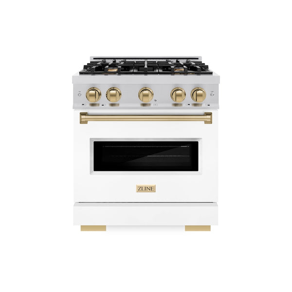 ZLINE Autograph Edition 30 in. 4.2 cu. ft. Classic Dual Fuel Range with 4 Burner Gas Cooktop and Electric Convection Oven in Stainless Steel with White Matte Door and Champagne Bronze Accents, Open Box-Great Condition