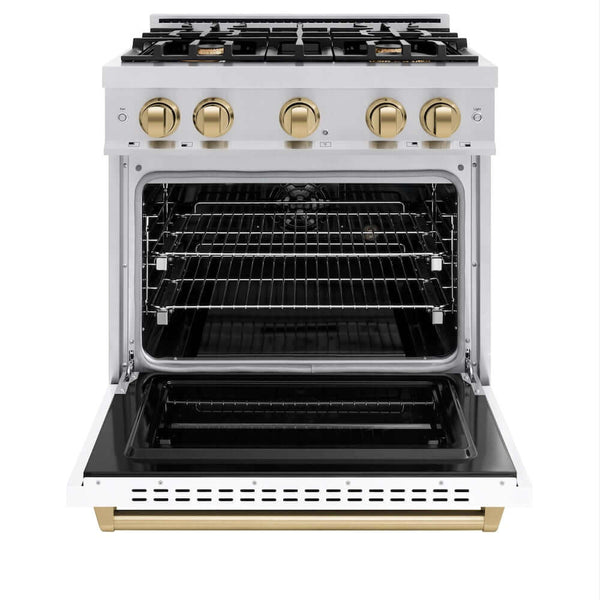 ZLINE Autograph Edition 30 in. 4.2 cu. ft. Classic Dual Fuel Range with 4 Burner Gas Cooktop and Electric Convection Oven in Stainless Steel with White Matte Door and Champagne Bronze Accents, Open Box-Good Condition