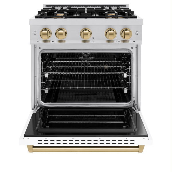 ZLINE Autograph Edition 30 in. 4.2 cu. ft. Classic Dual Fuel Range with 4 Burner Gas Cooktop and Electric Convection Oven in Stainless Steel with White Matte Door and Champagne Bronze Accents, Open Box-Great Condition