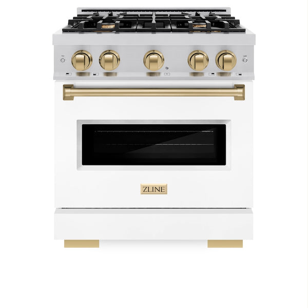 ZLINE Autograph Edition 30 in. 4.2 cu. ft. Classic Dual Fuel Range with 4 Burner Gas Cooktop and Electric Convection Oven in Stainless Steel with White Matte Door and Champagne Bronze Accents, Open Box-Great Condition