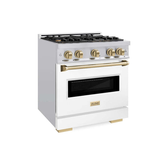 ZLINE Autograph Edition 30 in. 4.2 cu. ft. Classic Dual Fuel Range with 4 Burner Gas Cooktop and Electric Convection Oven in Stainless Steel with White Matte Door and Champagne Bronze Accents, Open Box-Good Condition