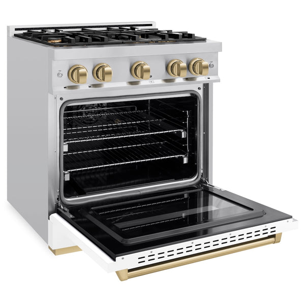 ZLINE Autograph Edition 30 in. 4.2 cu. ft. Classic Dual Fuel Range with 4 Burner Gas Cooktop and Electric Convection Oven in Stainless Steel with White Matte Door and Champagne Bronze Accents, Open Box-Great Condition
