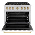 ZLINE Autograph Edition 36 in. 5.2 cu. ft. Classic Dual Fuel Range with 6 Burner Gas Cooktop and Electric Convection Oven in Stainless Steel with White Matte Door and Champagne Bronze Accents, Open Box-Great Condition