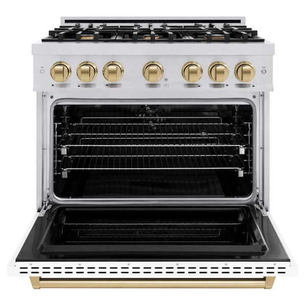ZLINE Autograph Edition 36 in. 5.2 cu. ft. Classic Dual Fuel Range with 6 Burner Gas Cooktop and Electric Convection Oven in Stainless Steel with White Matte Door and Champagne Bronze Accents, Open Box-Good Condition