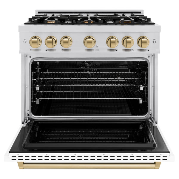 ZLINE Autograph Edition 36 in. 5.2 cu. ft. Classic Dual Fuel Range with 6 Burner Gas Cooktop and Electric Convection Oven in Stainless Steel with White Matte Door and Champagne Bronze Accents, Open Box-Great Condition
