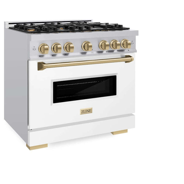 ZLINE Autograph Edition 36 in. 5.2 cu. ft. Classic Dual Fuel Range with 6 Burner Gas Cooktop and Electric Convection Oven in Stainless Steel with White Matte Door and Champagne Bronze Accents, Open Box-Good Condition