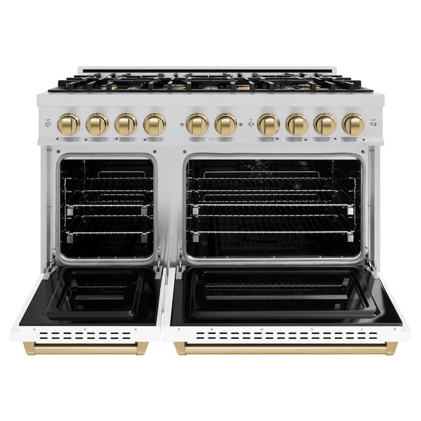 ZLINE Autograph Edition 48 in. 6.7 cu. ft. Classic Double Oven Dual Fuel Range with 8 Burner Gas Cooktop in Stainless Steel with White Matte Doors and Champagne Bronze Accents, Open Box-Great Condition