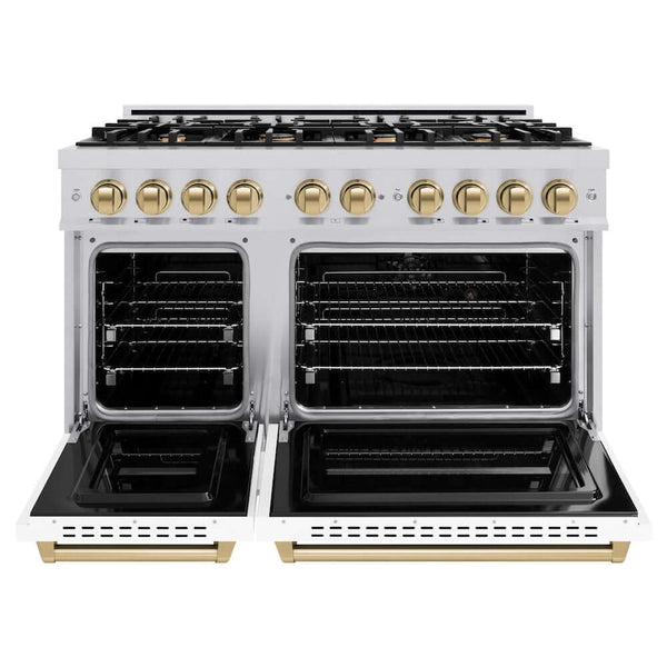 ZLINE Autograph Edition 48 in. 6.7 cu. ft. Classic Double Oven Dual Fuel Range with 8 Burner Gas Cooktop in Stainless Steel with White Matte Doors and Champagne Bronze Accents, Open Box-Good Condition