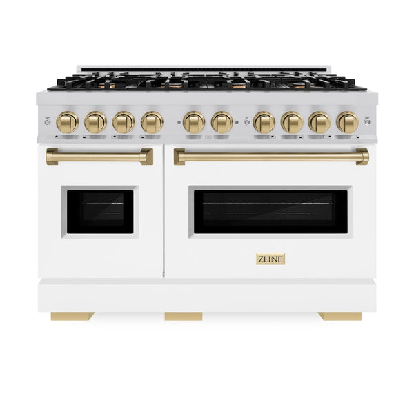 ZLINE Autograph Edition 48 in. 6.7 cu. ft. Classic Double Oven Dual Fuel Range with 8 Burner Gas Cooktop in Stainless Steel with White Matte Doors and Champagne Bronze Accents, Open Box-Great Condition