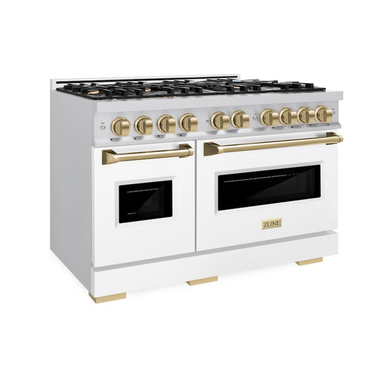ZLINE Autograph Edition 48 in. 6.7 cu. ft. Classic Double Oven Dual Fuel Range with 8 Burner Gas Cooktop in Stainless Steel with White Matte Doors and Champagne Bronze Accents, Open Box-Great Condition