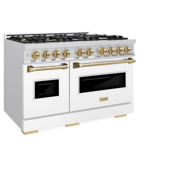 ZLINE Autograph Edition 48 in. 6.7 cu. ft. Classic Double Oven Dual Fuel Range with 8 Burner Gas Cooktop in Stainless Steel with White Matte Doors and Champagne Bronze Accents, Open Box-Great Condition