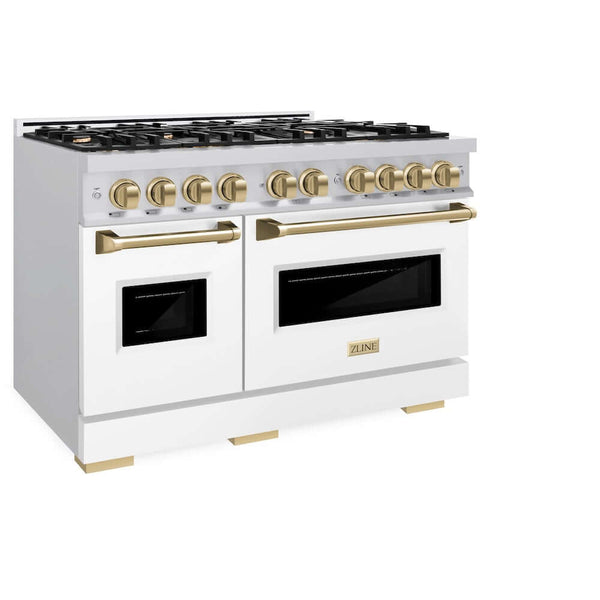 ZLINE Autograph Edition 48 in. 6.7 cu. ft. Classic Double Oven Dual Fuel Range with 8 Burner Gas Cooktop in Stainless Steel with White Matte Doors and Champagne Bronze Accents, Open Box-Good Condition