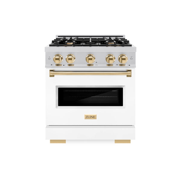 ZLINE Autograph Edition 30 in. 4.2 cu. ft. Classic Dual Fuel Range with 4 Burner Gas Cooktop and Electric Convection Oven in Stainless Steel with White Matte Door and Polished Gold Accents, Open Box-Great Condition