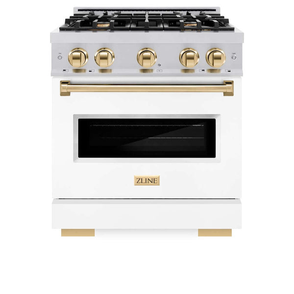 ZLINE Autograph Edition 30 in. 4.2 cu. ft. Classic Dual Fuel Range with 4 Burner Gas Cooktop and Electric Convection Oven in Stainless Steel with White Matte Door and Polished Gold Accents, Open Box-Good Condition