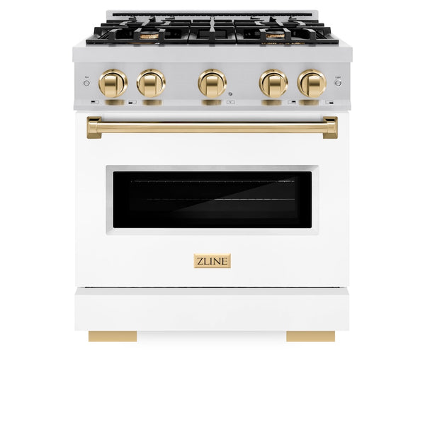 ZLINE Autograph Edition 30 in. 4.2 cu. ft. Classic Dual Fuel Range with 4 Burner Gas Cooktop and Electric Convection Oven in Stainless Steel with White Matte Door and Polished Gold Accents, Open Box-Great Condition