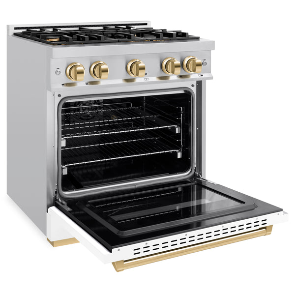 ZLINE Autograph Edition 30 in. 4.2 cu. ft. Classic Dual Fuel Range with 4 Burner Gas Cooktop and Electric Convection Oven in Stainless Steel with White Matte Door and Polished Gold Accents (CDRZ-WM-30-G)