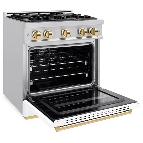 ZLINE Autograph Edition 30 in. 4.2 cu. ft. Classic Dual Fuel Range with 4 Burner Gas Cooktop and Electric Convection Oven in Stainless Steel with White Matte Door and Polished Gold Accents, Open Box-Great Condition