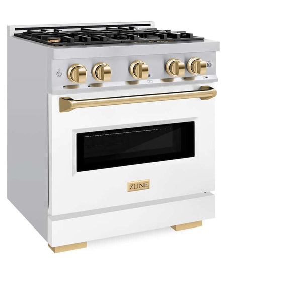 ZLINE Autograph Edition 30 in. 4.2 cu. ft. Classic Dual Fuel Range with 4 Burner Gas Cooktop and Electric Convection Oven in Stainless Steel with White Matte Door and Polished Gold Accents, Open Box-Good Condition
