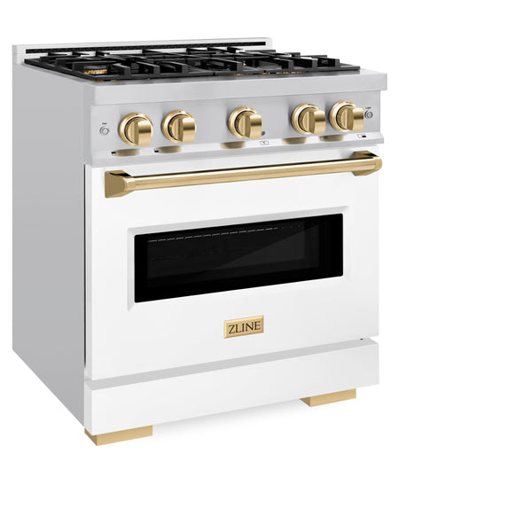 ZLINE Autograph Edition 30 in. 4.2 cu. ft. Classic Dual Fuel Range with 4 Burner Gas Cooktop and Electric Convection Oven in Stainless Steel with White Matte Door and Polished Gold Accents (CDRZ-WM-30-G)