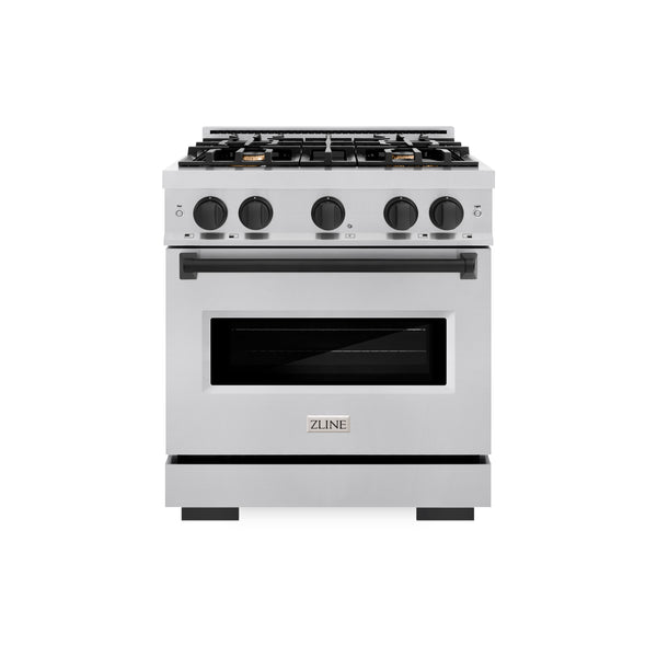 ZLINE Autograph Edition 30 in. 4.2 cu. ft. Classic Dual Fuel Range with 4 Burner Gas Cooktop and Electric Convection Oven in Stainless Steel with Matte Black Accents (CDRZ-30-MB)